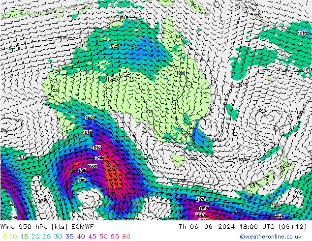 Wind 950 hPa ECMWF Th 06.06.2024 18 UTC