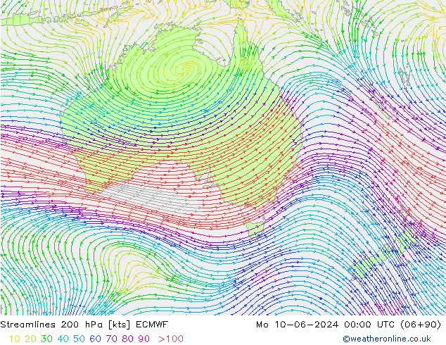 Streamlines 200 hPa ECMWF Mo 10.06.2024 00 UTC