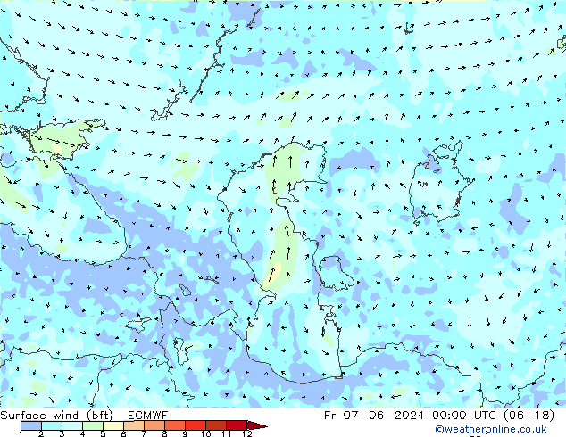 Vento 10 m (bft) ECMWF Sex 07.06.2024 00 UTC