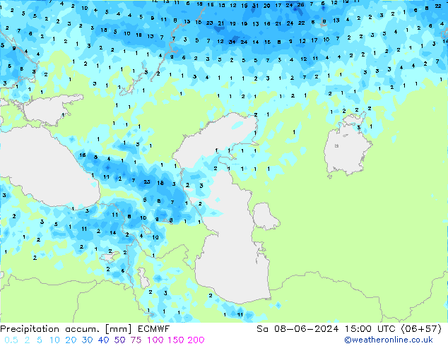 Precipitation accum. ECMWF so. 08.06.2024 15 UTC