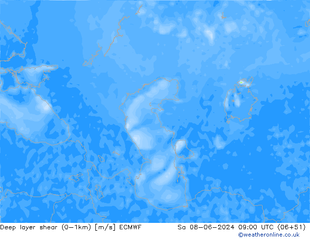 Deep layer shear (0-1km) ECMWF  08.06.2024 09 UTC