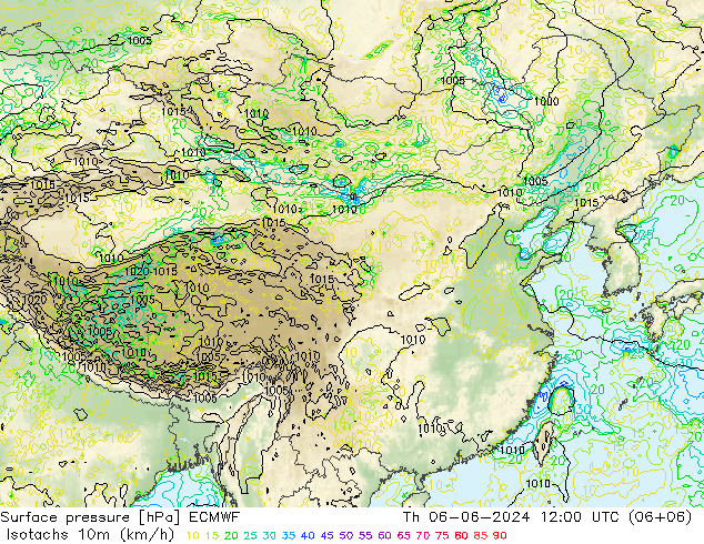 Isotachs (kph) ECMWF Th 06.06.2024 12 UTC