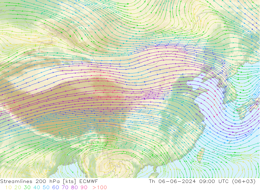 Linia prądu 200 hPa ECMWF czw. 06.06.2024 09 UTC