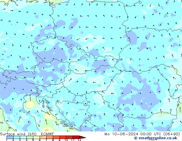 Surface wind (bft) ECMWF Po 10.06.2024 00 UTC