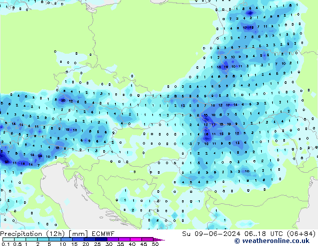 Precipitation (12h) ECMWF Su 09.06.2024 18 UTC