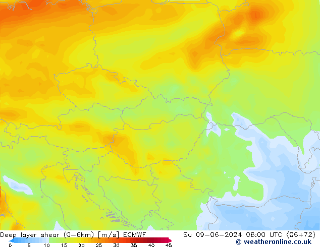 Deep layer shear (0-6km) ECMWF dom 09.06.2024 06 UTC