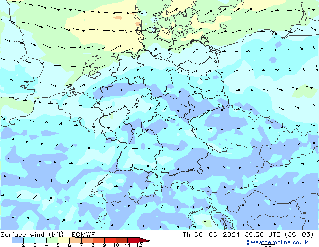 Vento 10 m (bft) ECMWF gio 06.06.2024 09 UTC