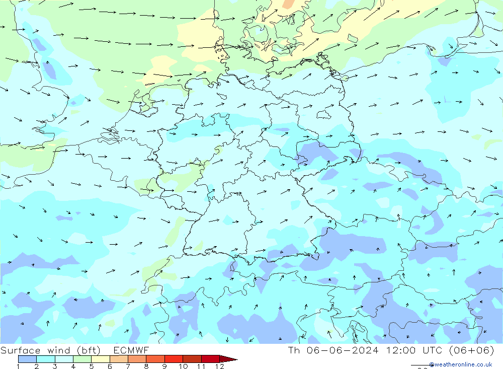 �N 10 米 (bft) ECMWF 星期四 06.06.2024 12 UTC