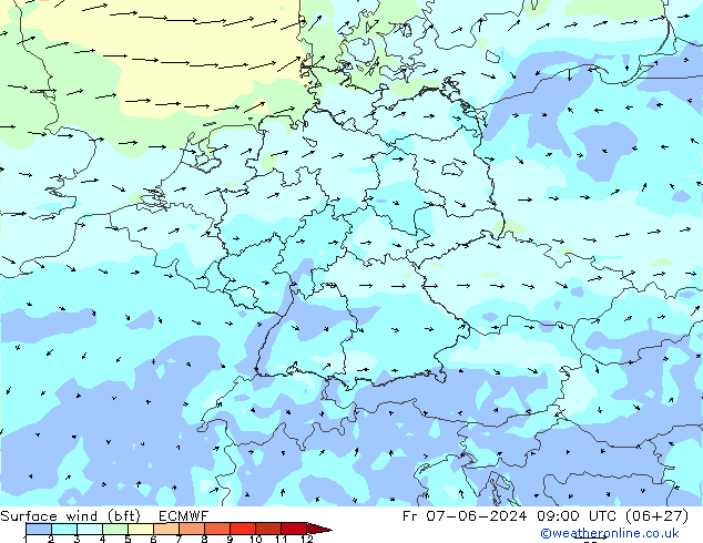 Surface wind (bft) ECMWF Fr 07.06.2024 09 UTC