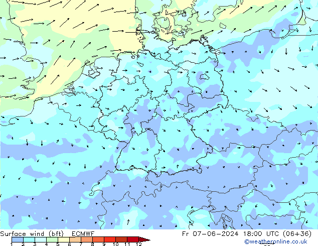 Wind 10 m (bft) ECMWF vr 07.06.2024 18 UTC