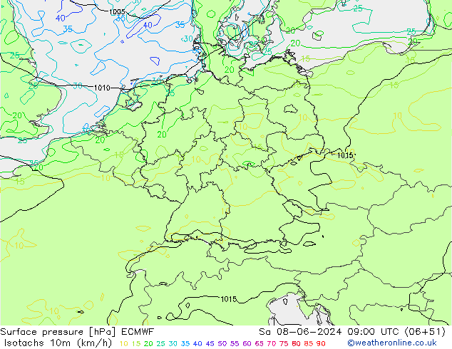 Isotachen (km/h) ECMWF za 08.06.2024 09 UTC