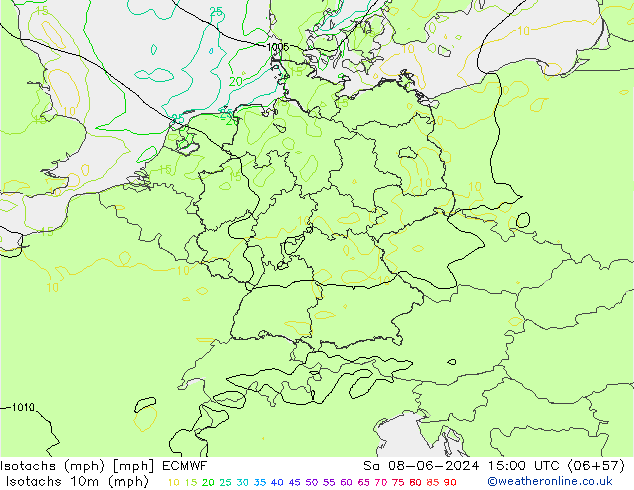 Isotachen (mph) ECMWF Sa 08.06.2024 15 UTC