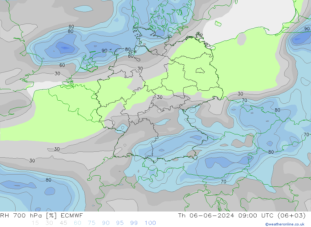 Humedad rel. 700hPa ECMWF jue 06.06.2024 09 UTC