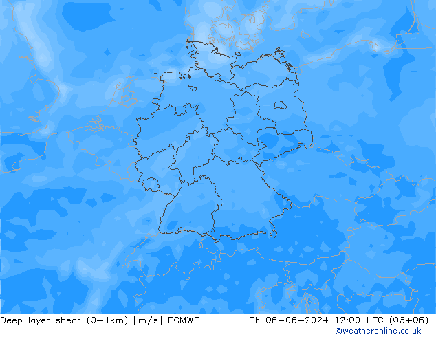 Deep layer shear (0-1km) ECMWF 星期四 06.06.2024 12 UTC