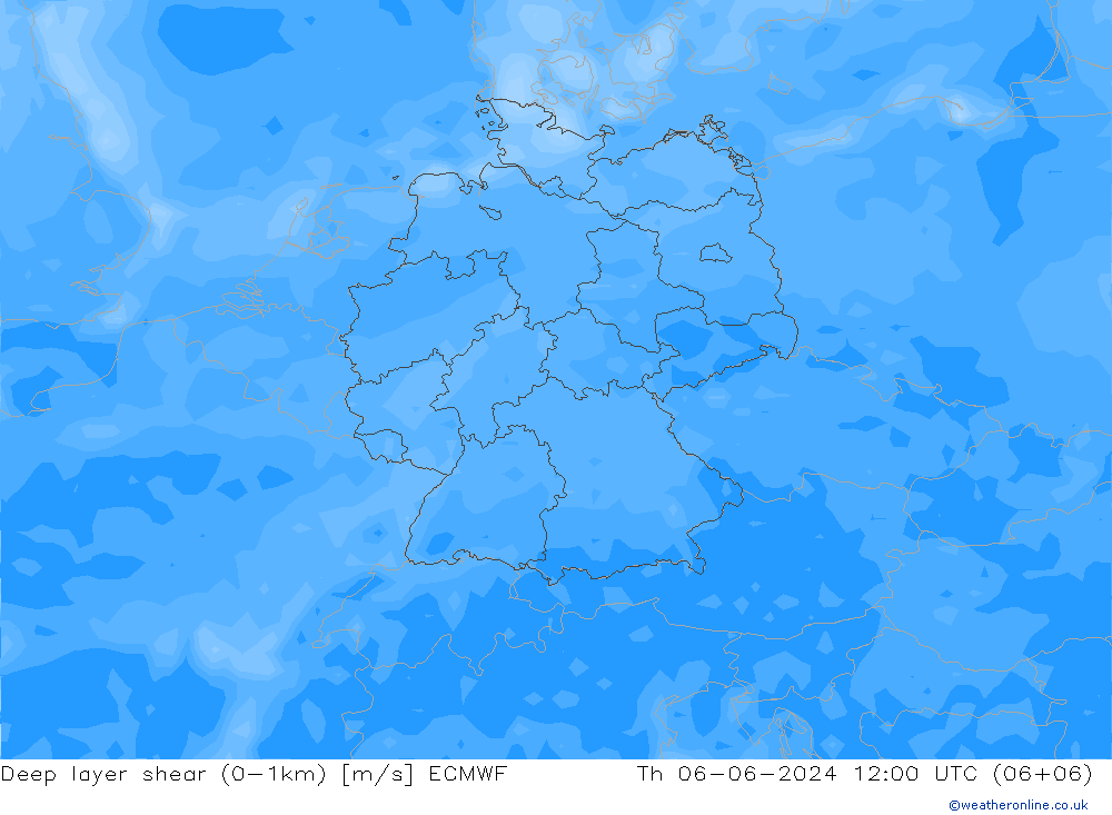 Deep layer shear (0-1km) ECMWF 星期四 06.06.2024 12 UTC