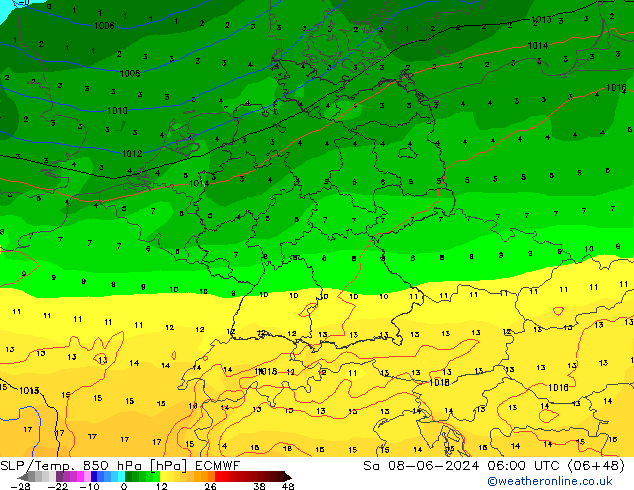 SLP/Temp. 850 hPa ECMWF Sa 08.06.2024 06 UTC