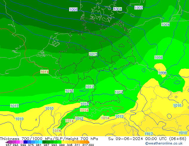 Thck 700-1000 гПа ECMWF Вс 09.06.2024 00 UTC