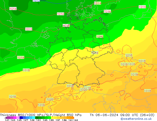 Espesor 850-1000 hPa ECMWF jue 06.06.2024 09 UTC