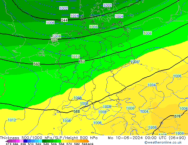 Espesor 500-1000 hPa ECMWF lun 10.06.2024 00 UTC