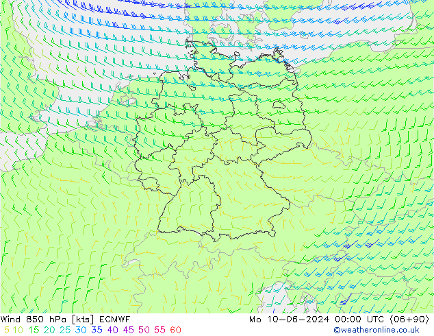 wiatr 850 hPa ECMWF pon. 10.06.2024 00 UTC