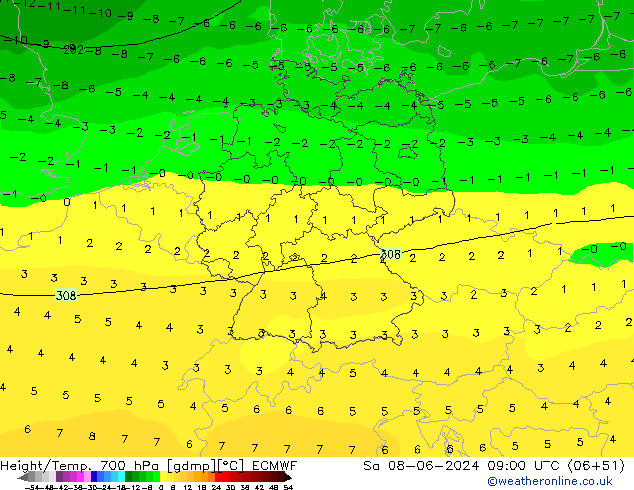 Height/Temp. 700 hPa ECMWF Sa 08.06.2024 09 UTC