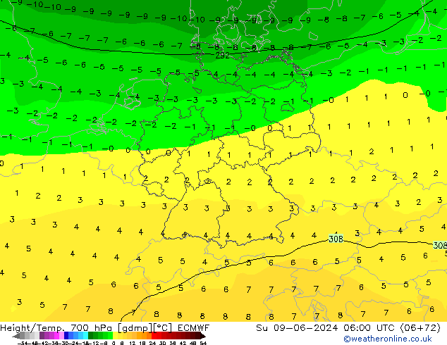 Height/Temp. 700 hPa ECMWF Dom 09.06.2024 06 UTC