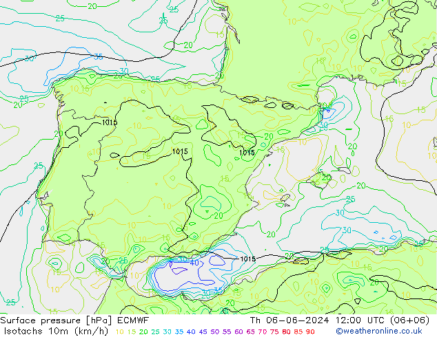 Isotachs (kph) ECMWF Qui 06.06.2024 12 UTC