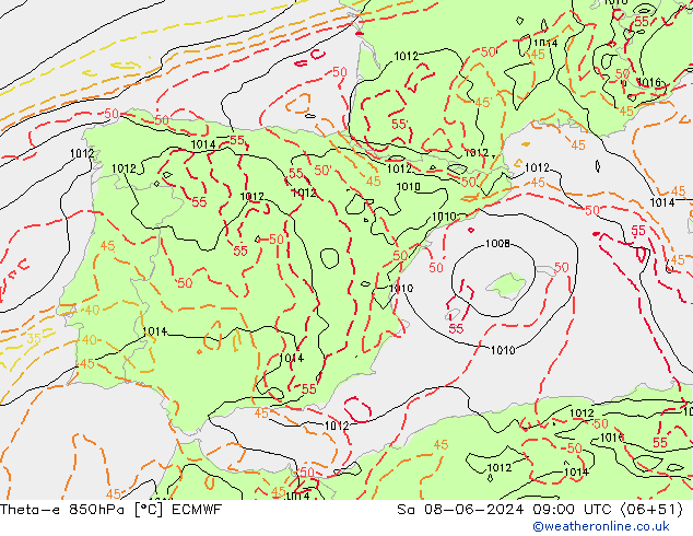 Theta-e 850гПа ECMWF сб 08.06.2024 09 UTC