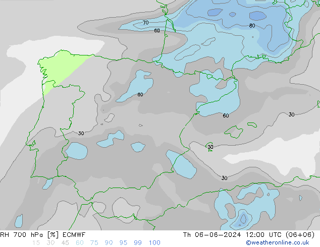 RH 700 hPa ECMWF Čt 06.06.2024 12 UTC