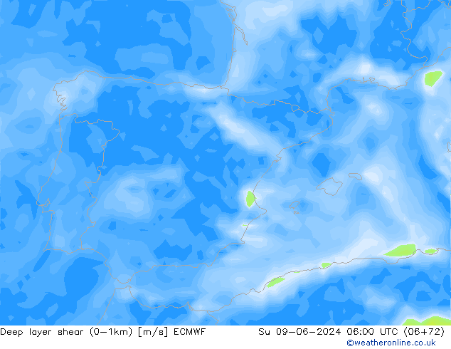 Deep layer shear (0-1km) ECMWF Su 09.06.2024 06 UTC