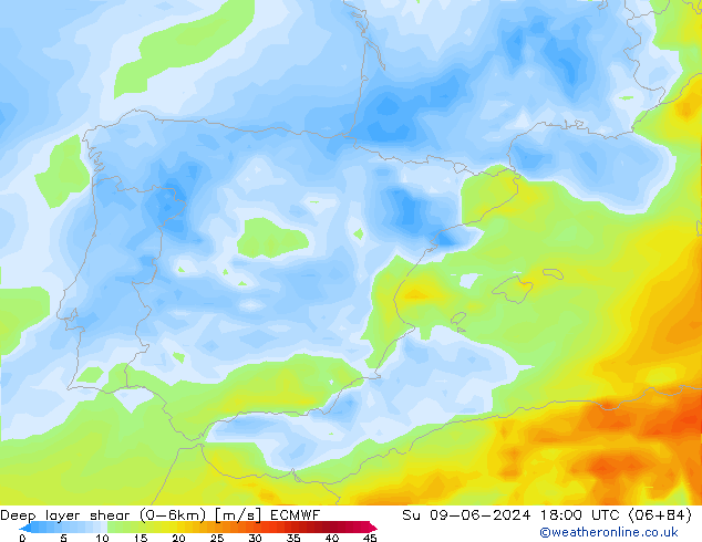 Deep layer shear (0-6km) ECMWF So 09.06.2024 18 UTC