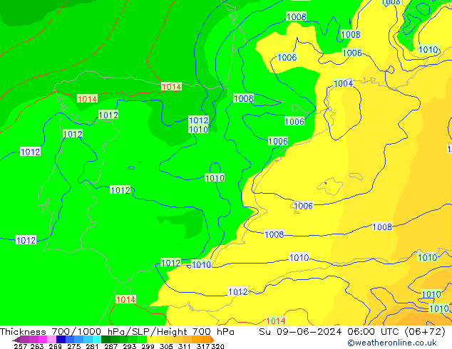 Dikte700-1000 hPa ECMWF zo 09.06.2024 06 UTC