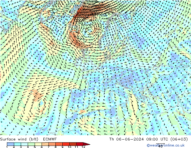 wiatr 10 m (bft) ECMWF czw. 06.06.2024 09 UTC