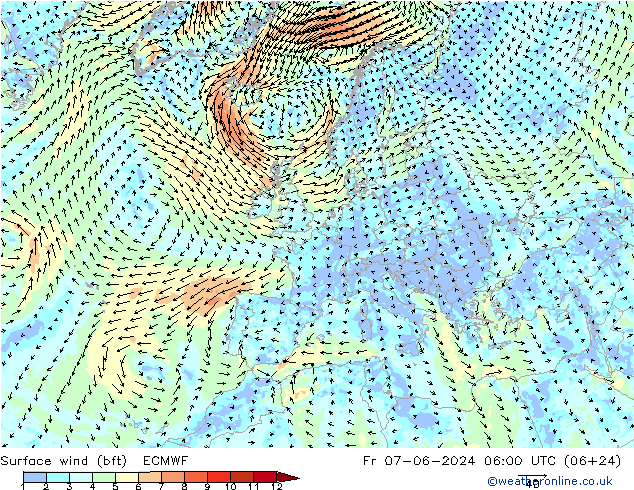 Bodenwind (bft) ECMWF Fr 07.06.2024 06 UTC