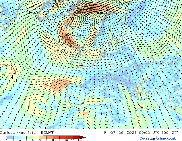 Wind 10 m (bft) ECMWF vr 07.06.2024 09 UTC