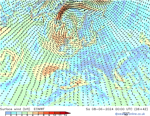 Vent 10 m (bft) ECMWF sam 08.06.2024 00 UTC