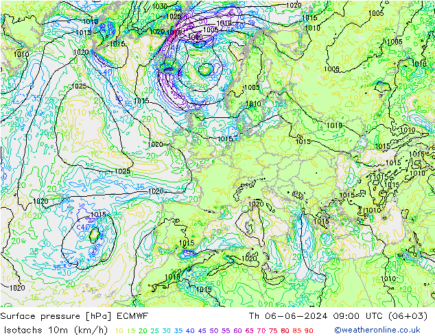 Isotachs (kph) ECMWF Th 06.06.2024 09 UTC