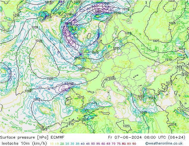 Isotachen (km/h) ECMWF Fr 07.06.2024 06 UTC