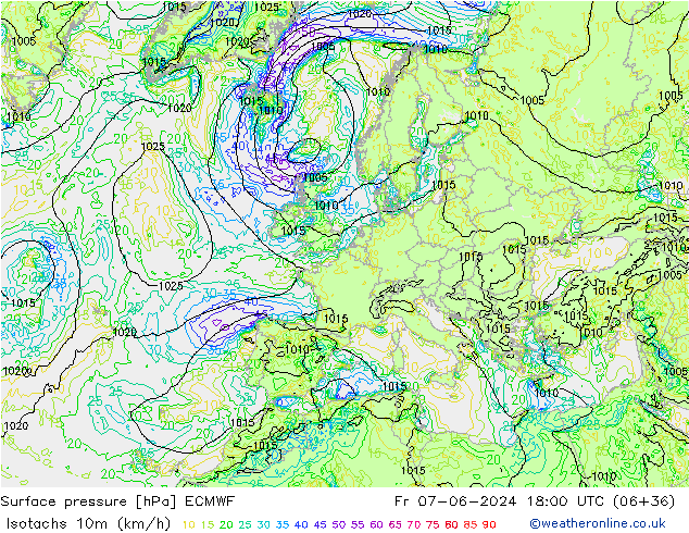 Isotaca (kph) ECMWF vie 07.06.2024 18 UTC