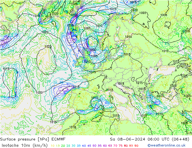 Isotachs (kph) ECMWF So 08.06.2024 06 UTC