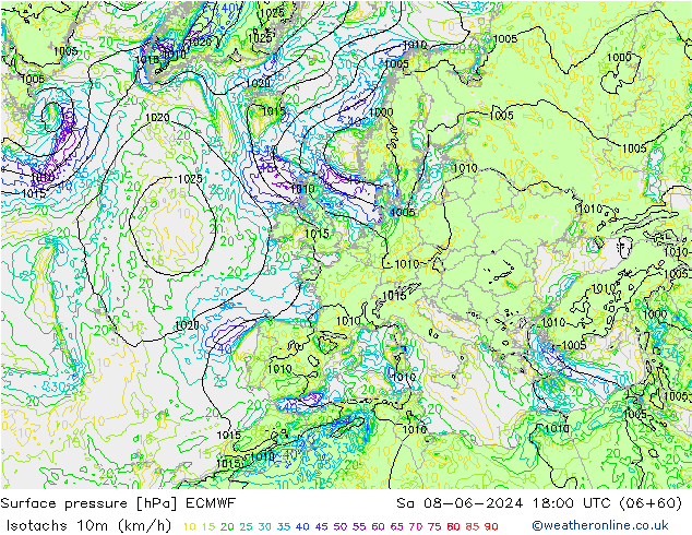 Isotachen (km/h) ECMWF za 08.06.2024 18 UTC