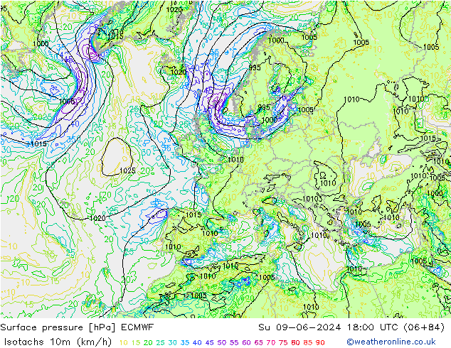 Isotachs (kph) ECMWF  09.06.2024 18 UTC