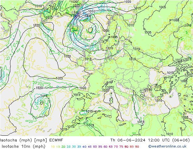 Isotachen (mph) ECMWF Do 06.06.2024 12 UTC