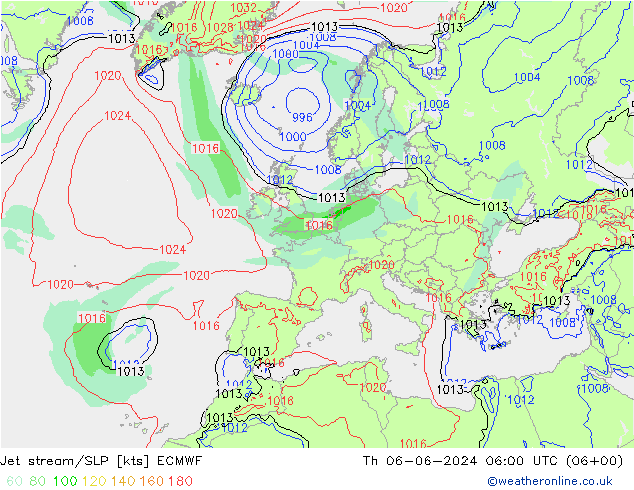 Jet stream/SLP ECMWF Th 06.06.2024 06 UTC