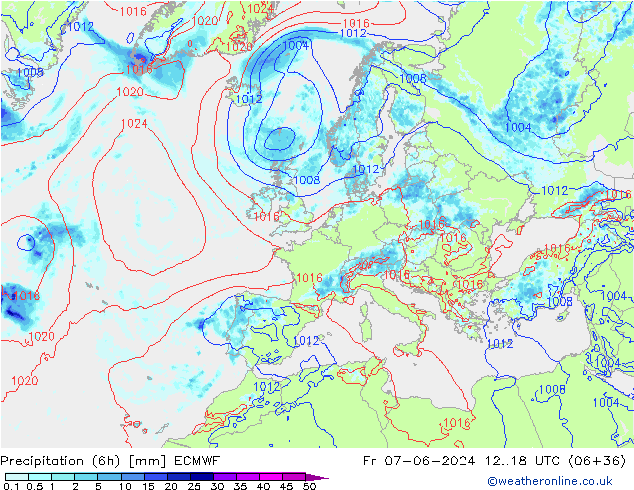 Z500/Rain (+SLP)/Z850 ECMWF vie 07.06.2024 18 UTC