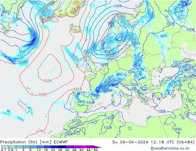 Z500/Rain (+SLP)/Z850 ECMWF Su 09.06.2024 18 UTC