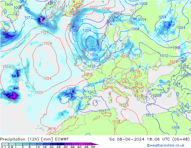 Nied. akkumuliert (12Std) ECMWF Sa 08.06.2024 06 UTC