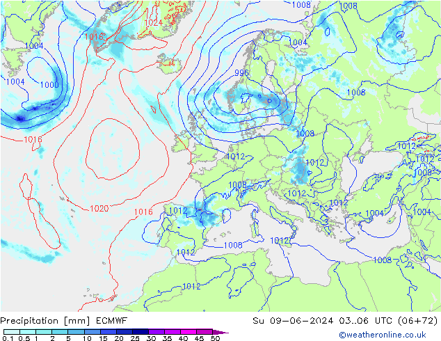 Srážky ECMWF Ne 09.06.2024 06 UTC