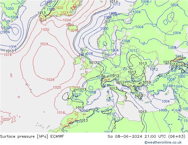 Surface pressure ECMWF Sa 08.06.2024 21 UTC