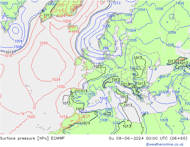 Pressione al suolo ECMWF dom 09.06.2024 00 UTC